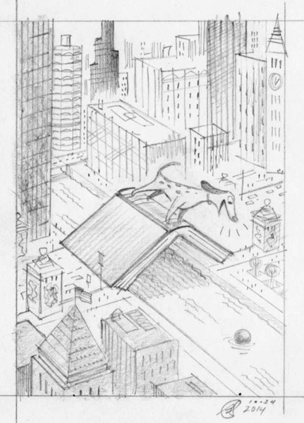 "Chicago Aerial City Scene With Mutt" is copyright ©2008 by Bob Staake.  All rights reserved.  Reproduction prohibited.