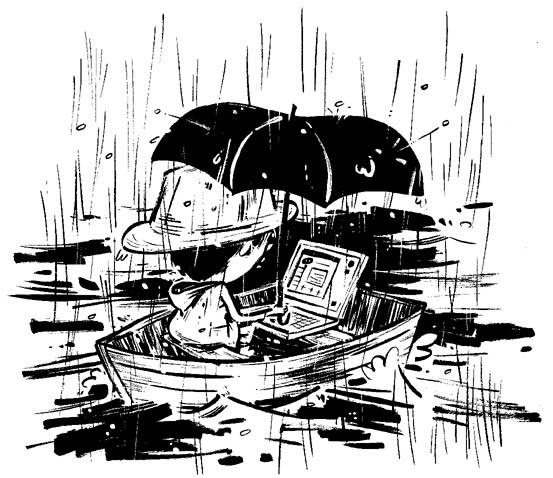 "Man in rowboat with laptop computer (in the rain)" is copyright ©2008 by Steven Weissman.  All rights reserved.  Reproduction prohibited.