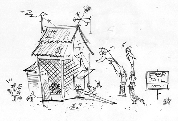 "Christian Science Monitor Sketch - Cheap Housing" is copyright ©2008 by Bob Staake.  All rights reserved.  Reproduction prohibited.