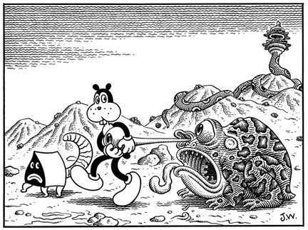 "HE CAN'T GET AWAY WITH IT" is copyright ©2008 by Jim Woodring.  All rights reserved.  Reproduction prohibited.