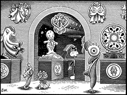 "FRANK LOOKS FOR THE EXIT" is copyright ©2008 by Jim Woodring.  All rights reserved.  Reproduction prohibited.